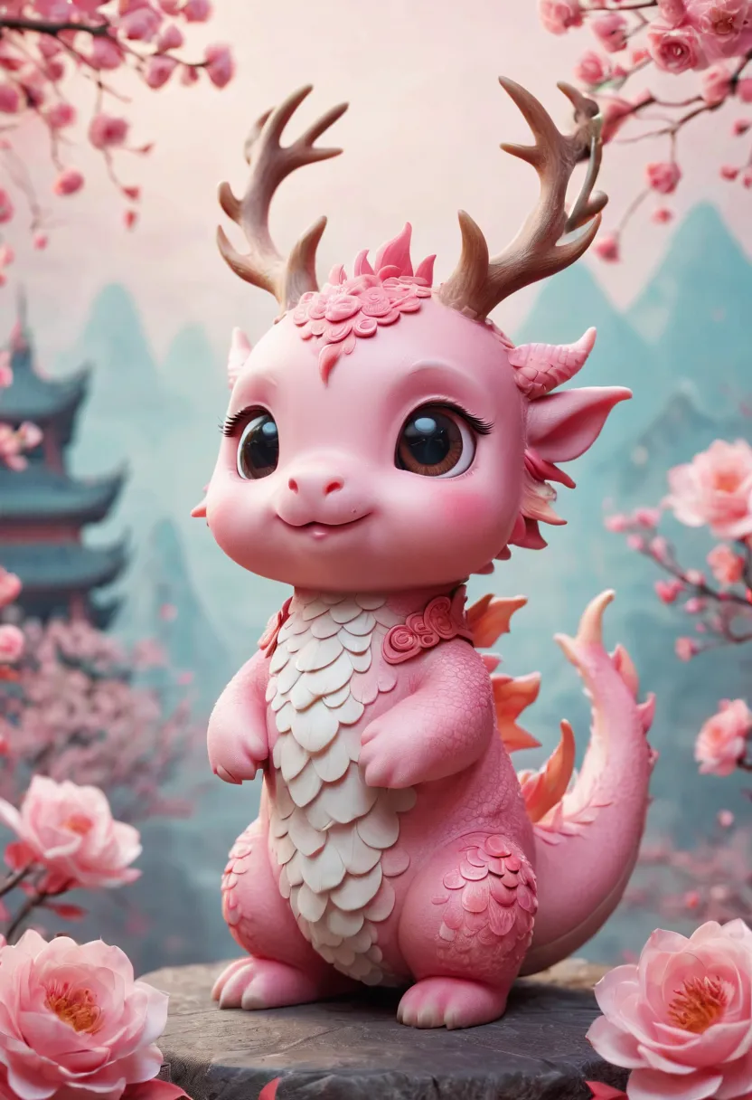 q version，cute little dragon，chinese style，pink space，festive atmosphere，spring festival，lovely antlers，chinese elements，cartoon...