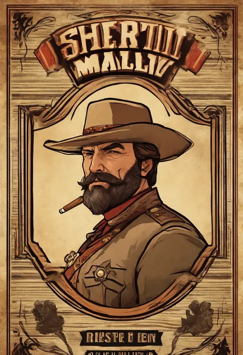 Cigarette card of sheriff Curtis Malloy from Red Dead Redemption 2, detailed portrait, vintage illustration, high-res, realistic colors, intricate drawing, aged paper texture, vibrant colors, dramatic lighting