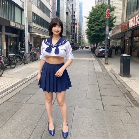 45 year old beautiful lady。japanese woman。Half-naked clothes featuring sailor uniforms and 。Full body with big breasts and pubic hair exposed。The background is a city sidewalk。