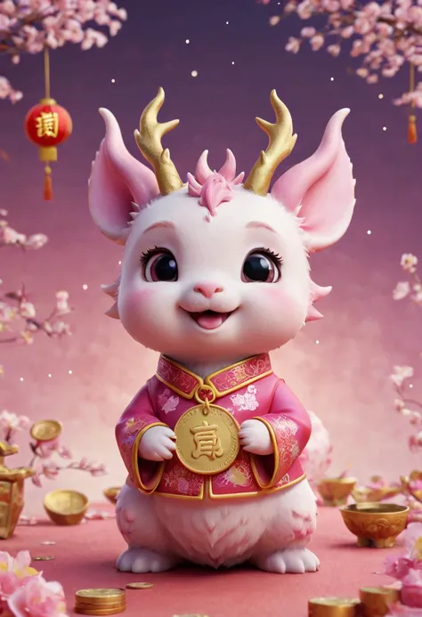 q version，cute little dragon，chinese style，pink space，festive atmosphere，spring festival，gold coins，chinese elements，cartoon，cut...