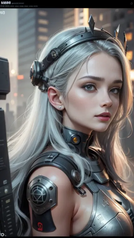 ((Best Quality)), ((Masterpiece)), (Very Detailed: 1.3), 3D, Shitu-mecha, Beautiful cyberpunk woman wearing crown with her mecha in ruins of a city in forgotten war, long silver hair, sci-fi technology, HDR (High Dynamic Range), ray tracing, nvidia RTX, su...