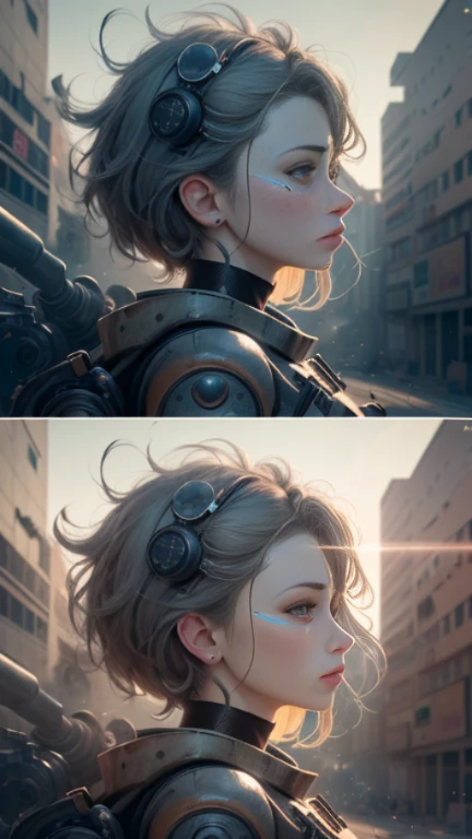 ((Best Quality)), ((Masterpiece)), (Very Detailed: 1.3), 3D, Shitu-mecha, Beautiful cyberpunk woman wearing crown with her mecha in ruins of a city in forgotten war, long silver hair, sci-fi technology, HDR (High Dynamic Range), ray tracing, nvidia RTX, su...