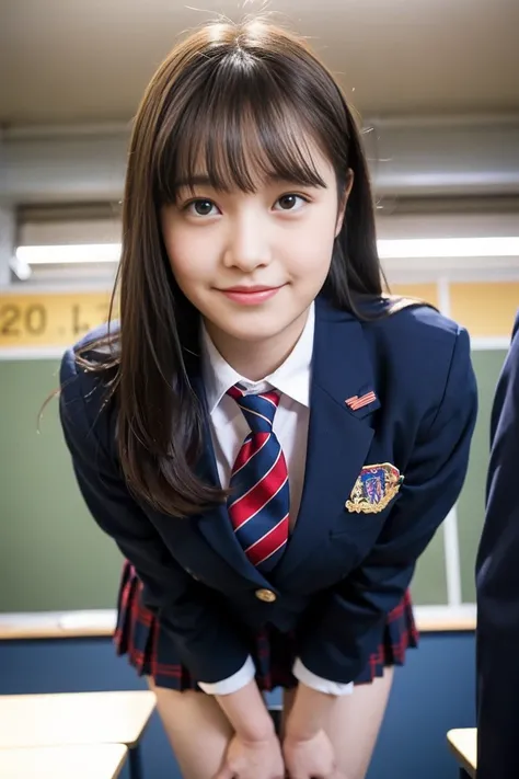 Girl Standing In School Classroom,Red Tie Uniform,Dark Blue Closed Blazer,Blue plaid skirt,18-year-old,bangs,a little smile,thighs,knees,from below