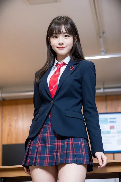 Girl Standing In School Classroom,Red Tie Uniform,Dark Blue Closed Blazer,Blue plaid skirt,18-year-old,bangs,a little smile,thighs,knees,from below