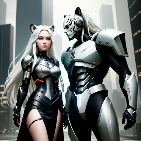 Masterpiece, Best Quality, Detailed Depiction, Female Characters, Long White Hair, Tiger Head Elements: 1.1, Black and White Combined 2:1, Metal Exoskeleton (1.3), Ceramic Body Cuirass: 1.5, Breathing Light Pattern, (Midi Skirt Armor: 1.1), Perfect Lines: ...