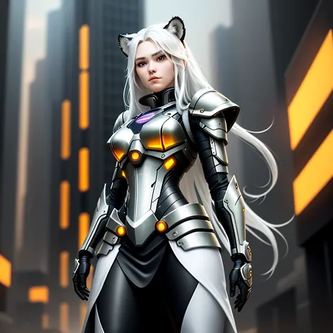 Masterpiece, Best Quality, Detailed Depiction, Female Characters, Long White Hair, Tiger Head Elements: 1.1, Black and White Combined 2:1, Metal Exoskeleton (1.3), Ceramic Body Cuirass: 1.5, Breathing Light Pattern, (Midi Skirt Armor: 1.1), Perfect Lines: ...