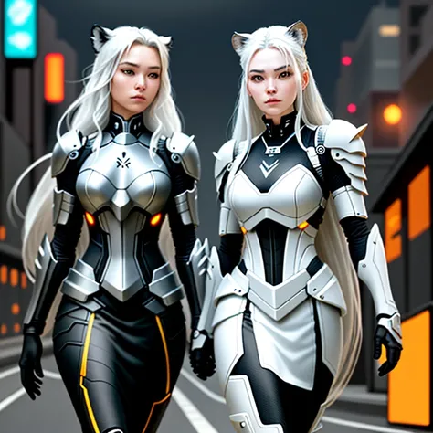 Masterpiece, Best Quality, Detailed Depiction, Female Characters, Long White Hair, Tiger Head Elements: 1.1, Black and White Combined 2:1, Metal Exoskeleton (1.3), Ceramic Body Cuirass: 1.5, Breathing Light Pattern, (Midi Skirt Armor: 1.1), Perfect Lines: ...