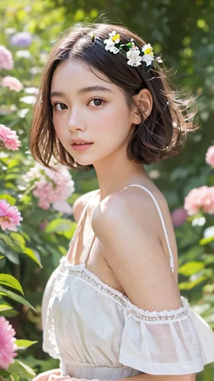 girl with a youthful appearance, small bust, detailed eyes and lips, short beautiful hair, delicate facial features, soft and innocent expression, wearing a simple dress, standing in a blooming garden, surrounded by vibrant flowers and lush greenery, baski...