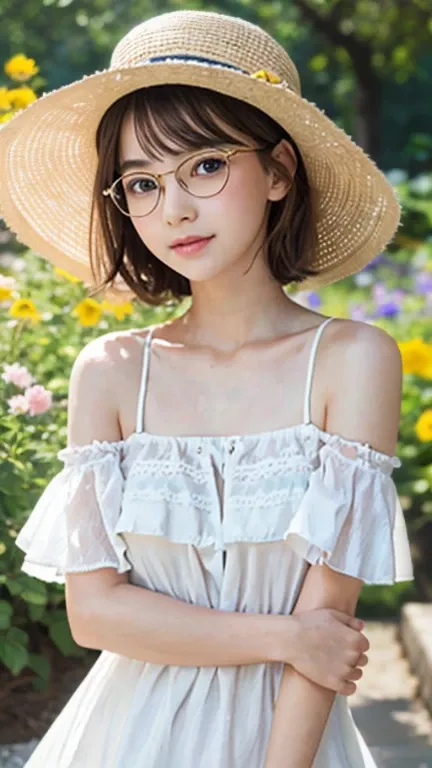 girl with a youthful appearance wear eyeglasses and a summer hat, small bust, detailed eyes and lips, short beautiful hair, delicate facial features, soft and innocent expression, wearing a simple dress, standing in a blooming garden, surrounded by vibrant...