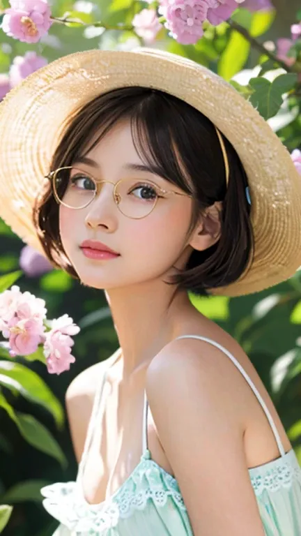 girl with a youthful appearance wear eyeglasses and a summer hat, small bust, detailed eyes and lips, short beautiful hair, delicate facial features, soft and innocent expression, wearing a simple dress, standing in a blooming garden, surrounded by vibrant...