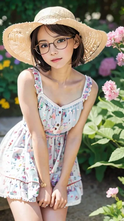 girl with a youthful appearance wear eyeglasses and a summer hat, small bust, detailed eyes and lips, short beautiful hair, delicate facial features, soft and innocent expression, wearing a simple dress, standing in a blooming garden, surrounded by vibrant...