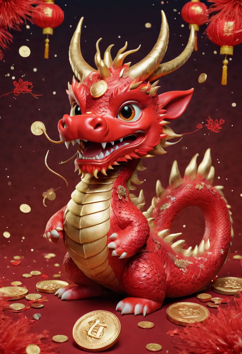 chinese dragon，q version，cute little dragon，red space，festive atmosphere，cny，gold coins，chinese elements，cartoon，cute pet，lively...