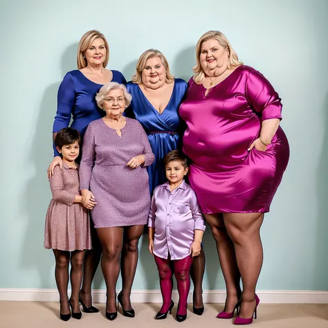 large family grandma mother aunt sister obese silk dresses high heels pantyhose full body blonde hair