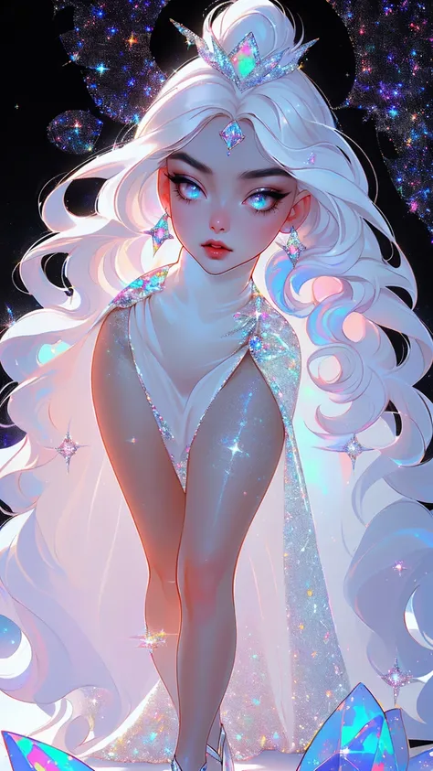 {-erro_de_anatomia:1.0} masterpiece, highest quality, (perfect face:1.1, (high detail)1.1, sweet stardust vampire , long soft white hair, opal eyes, perfectly drawn face, black dress, stars detailed background, prismatic lighting, glitter, whole body,   wa...