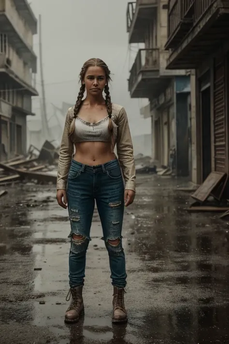 woman hair in a braid, looking into the camera, sad and mysteries, hands in ripped and torn pant pockets, standing in a dystopia, raining ash that looks like glitter, antique photo, scratches and dust, Photorealistic. 8k Ultra hD, Jorge Martin Style