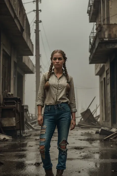 woman hair in a braid, looking into the camera, sad and mysteries, hands in ripped and torn pant pockets, standing in a dystopia, raining ash that looks like glitter, antique photo, scratches and dust, Photorealistic. 8k Ultra hD, Jorge Martin Style