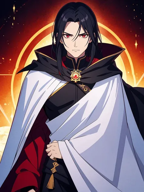 Valen is a charismatic and enigmatic figure with a commanding presence. He has raven-black hair that falls in disheveled waves over his forehead, partially obscuring his intense, crimson eyes. Valens attire is dark and regal, adorned with arcane symbols th...