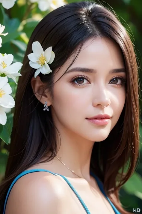 Uma linda mulher de 30 anos em um fundo de flores e ceu azul, hyper realistic style, perfeitos detalhes faciais e corporais, uhd