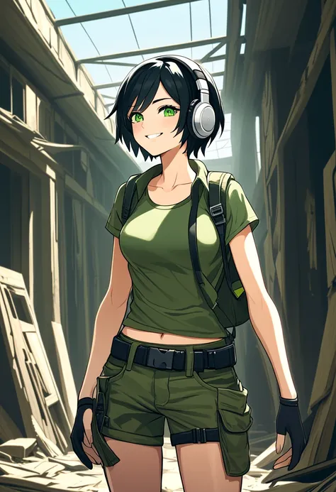 A woman wearing post apocalypitc clothes, short black hair, bright green eyes, and a headphone. She has medium-sized breasts and a toned, strong body. She is in a ruined Shop, one hand in his backback. She is smiling, and its a sunny and beautiful day.



...