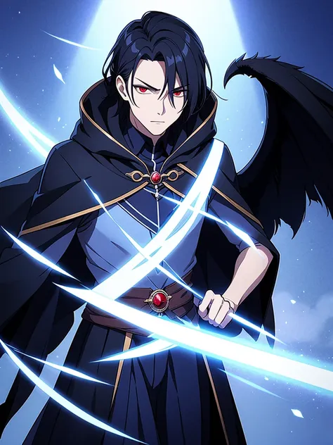 Valen is a charismatic and enigmatic figure with a commanding presence. He has raven-black hair that falls in disheveled waves over his forehead, partially obscuring his intense, crimson eyes. Valens attire is dark and regal, adorned with arcane symbols th...