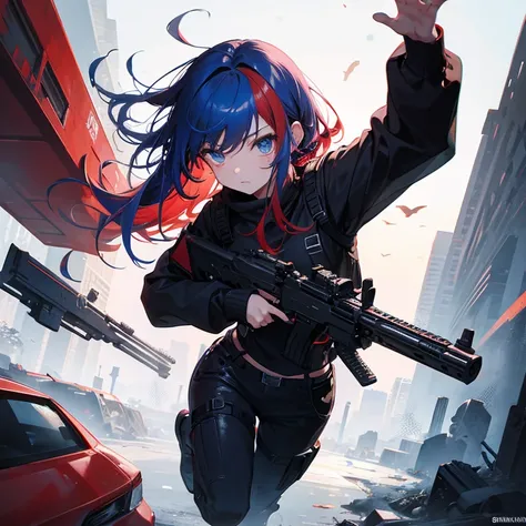 red and blue hair　have a gun　wearing black clothes