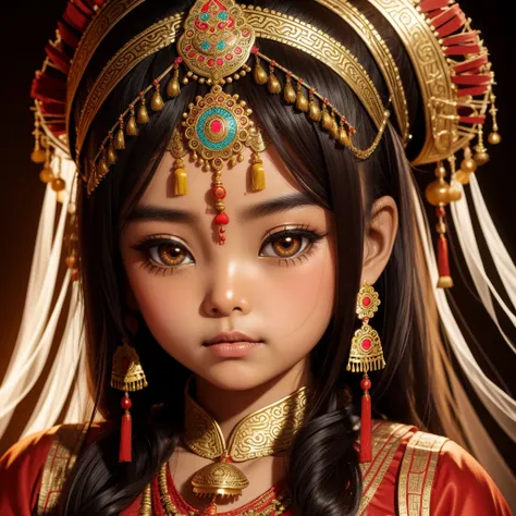 a chinese girl as a little indian princess, Bindi, Ornate Indian traditional clothing, nose ornament, make up, big eyes,garde digitally photograph