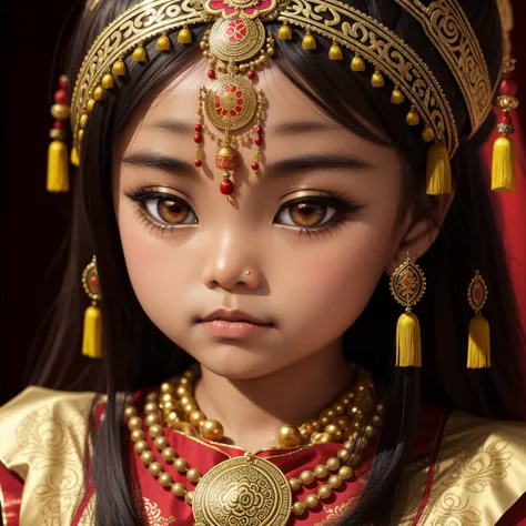 a chinese girl as a little indian princess, Bindi, Ornate Indian traditional clothing, nose ornament, make up, big eyes,garde digitally photograph