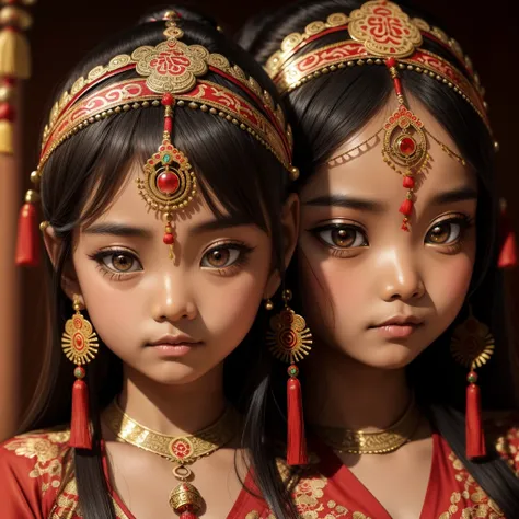 a chinese girl as a little indian princess, Bindi, Ornate Indian traditional clothing, nose ornament, make up, big eyes,garde digitally photograph