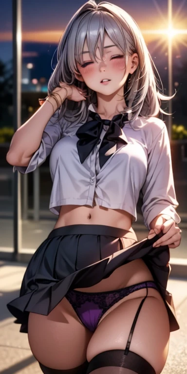 realistic, 1 girl, gray hair, purple eyes, shining eyes, crop top, skirt, parted lips, blush, night, flowers, sun, sunlight, (In underwear), stockings, I don&#39;t have any clothes, visible panties, embarrassing, almost I don&#39;t have any clothes, coveri...