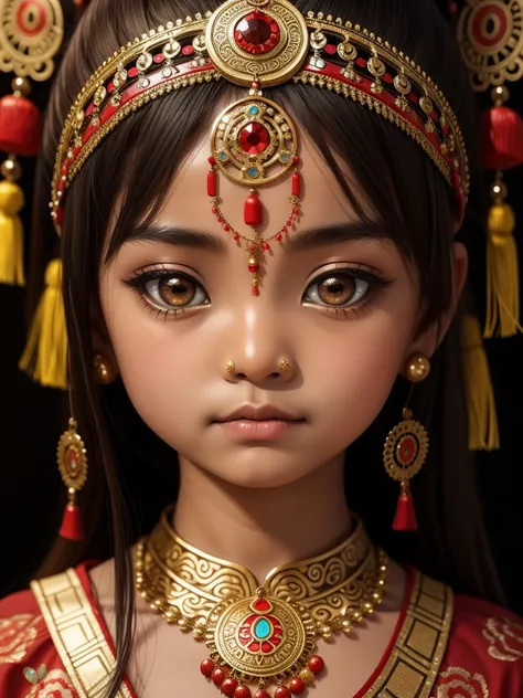 a chinese girl as a little indian princess, Bindi, Ornate Indian traditional clothing, nose ornament, make up, big eyes,garde digitally photograph