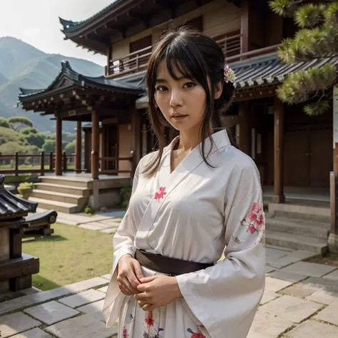 Japanese Woman Wearing Yukata at Mountains Temple, cuerpo hermoso, ojos grandes, cabello negro largo, cuerpo completo, hiperalista arte digital 4k.