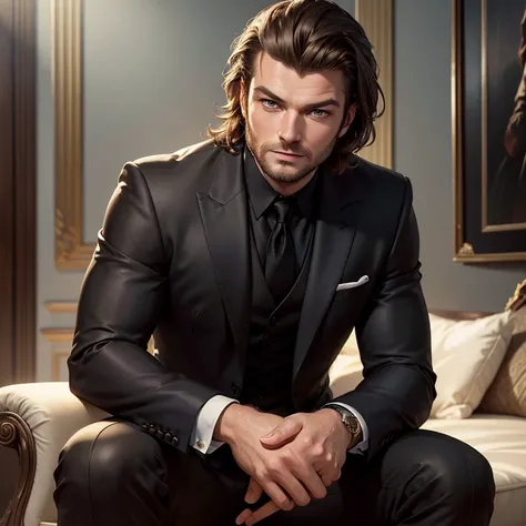 best quality,ultra-detailed,Kivanç Tatlitug with hazel eyes,suave and confident look,dark hair,well-groomed beard,sharp facial features,charming smile,tailored suit,posing in a luxurious setting,soft lighting,warm color tones,captivating gaze,expressive ey...