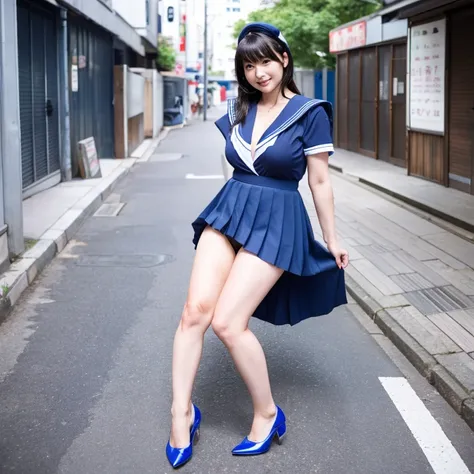 45 year old beautiful half-naked Japanese woman。Open blue sailor suit showing big breasts。Blue pleated skirt that exposes the crotch。Full body with big breasts and pubic hair exposed。pull pink panties down to thighs。Black leather shoes。The background is a ...