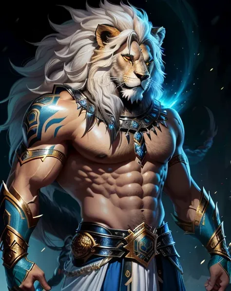 um close de um homem com rosto peludo e barba, lion warrior, lobisomem musculoso, Senhor das Bestas, 2d full body lion, Djinn Human Hybrid, lion body, roaring white lion. majestoso, forte e imponente, Pano Distante, Senhor da Selva, epic fantasy character ...