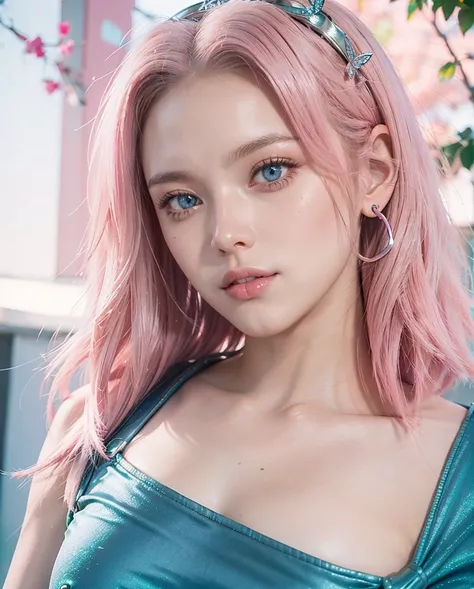 young woman, shoulder-length pink hair, wide forehead, porcelain skin, pink eyebrows, big emerald green eyes, buttoned nose, full lips, heart-shaped face, butterfly earrings, slender body, small breasts, blue butterfly dress , Sakura Haruno, realistic, rea...