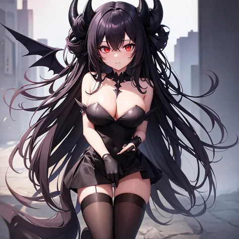 Full-body shoot of a Demon Girl, black horns, black deamon Wings, Anime Style, 2D, 