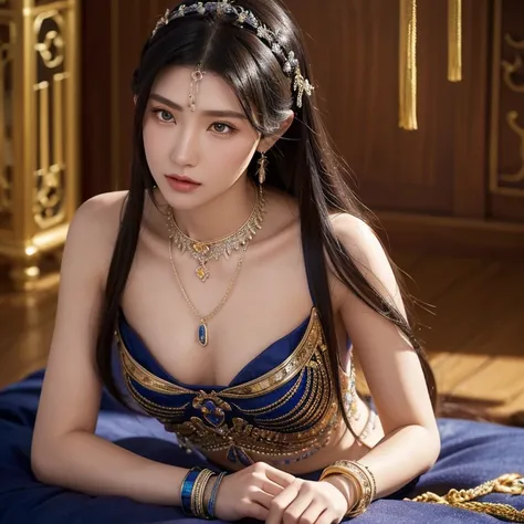 HD，Perfect，detail，One with a lapis lazuli stone ornament，With Scythian style bracelets and necklaces，The nomads in northern China with ancient hairstyles have beautiful black eyes，tall and well-proportioned figure，A noble girl with a high nose