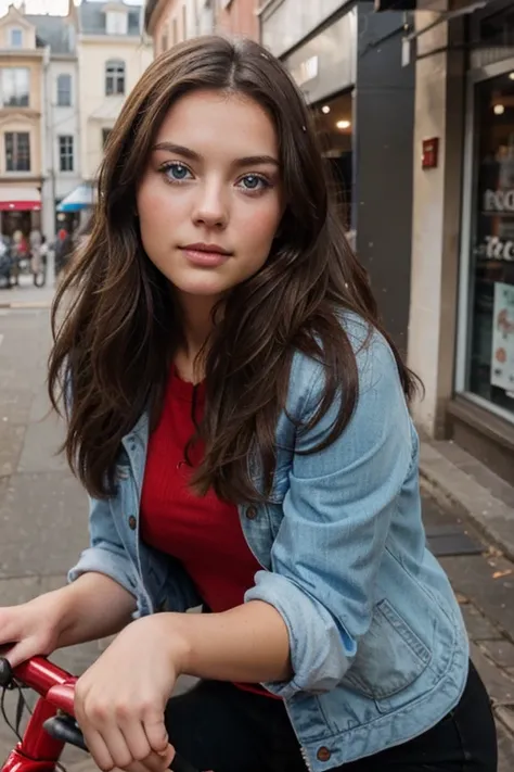 young woman, Brunette, Blue eyes, Round face, photo on a red bike
