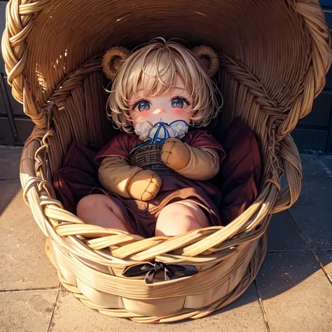 Teddy baby bear with pacifier in his mouth inside a wicker basket 