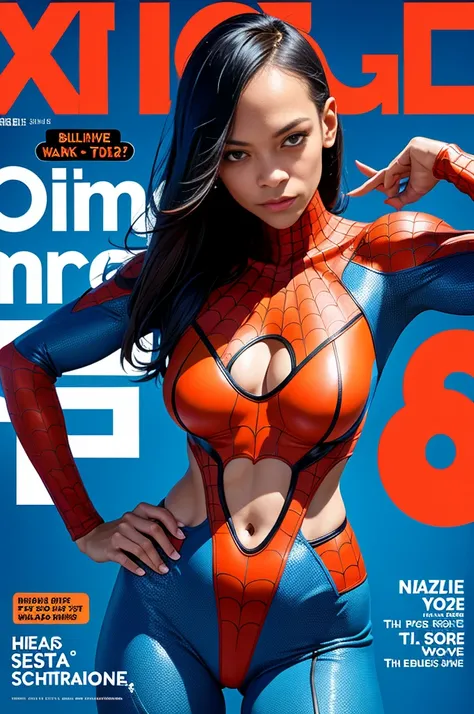 Zoë Saldana、Sticking out the navel、newyork、She wears a torn Spider-Man suit,wearing a skirt、abstract photorealistic、(masterpiece、highest quality、High resolution:1.4)、detailed、複雑なdetailed、looking at the viewer, figure, (magazine:1.3), (cover-style:1.3), wom...