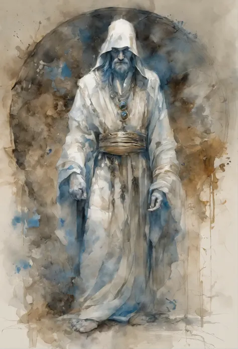 Fullbody shoot of a young and strong man raising a golden chalice in one hand and making a mudra with the other, he wears a white and blue robe, there are two acolytes kneeling before him. Art by Yoji Shinkawa, symmetric circular iris, approaching perfecti...