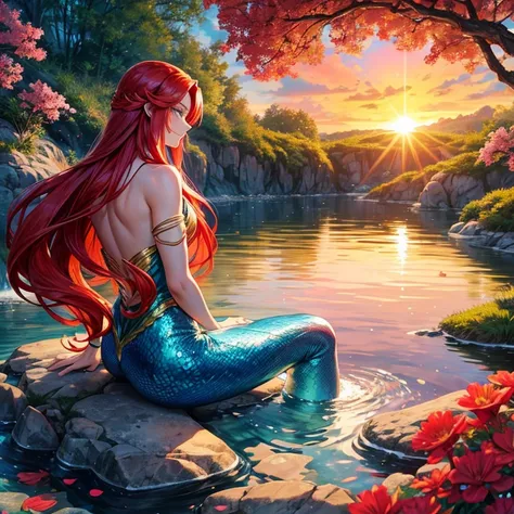 Mermaid man, long red hair, sitting on a river rock with his back turned, vibrant colors, calm, golden mermaid tail, quality, sunset, river waterfall, crystal clear waters and red gold and pink flowers.