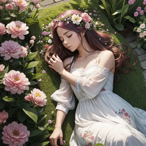 Woman with flower hair sleeping in a beautiful garden 