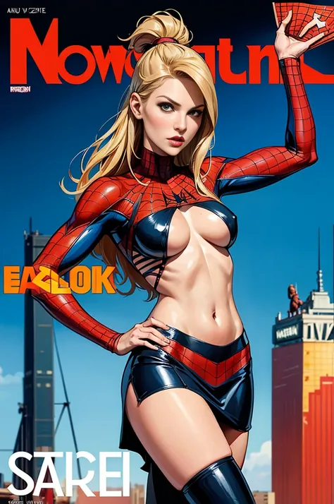 Ali Larter、Sticking out the navel、newyork、She wears a torn Spider-Man suit,wearing a skirt、abstract photorealistic、(masterpiece、highest quality、High resolution:1.4)、detailed、複雑なdetailed、looking at the viewer, figure, (magazine:1.3), (cover-style:1.3), woma...