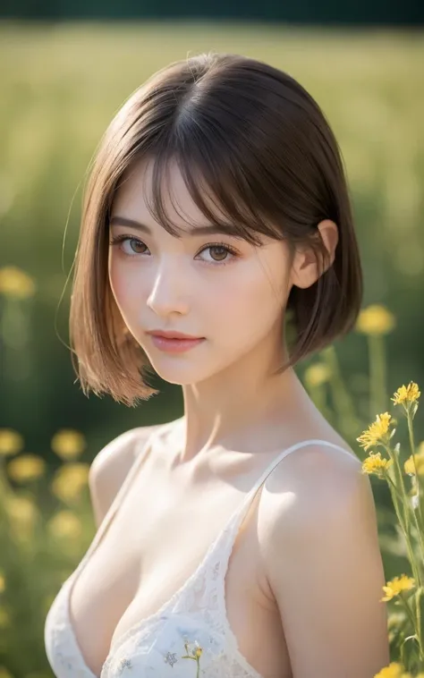 top quality, realistic, perfect human body structure, very detailed, very delicate and beautiful, Raw photo, Wildflowers and enchanting meadows, professional lighting, luminescent, Depth of bounds written, single focal length, ((whole body)), smile, brown ...