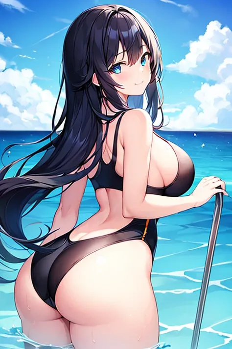 1girl, black hair, long hair, dark blue hair, large breasts, wide hips, thick thighs, ass, from behind, one-piece swimsuit, competitiom swimsuit, black swimsuit, blue trim, blue eyes, submerged, pool, smile