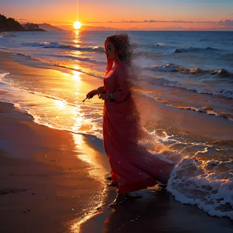 mujer hermosa sentada en la playa al atardecer sosteniendo un pulpo en la mano