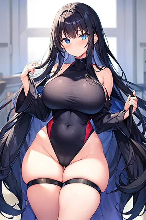 1girl, black hair, long hair, dark blue hair, large breasts, wide hips, thick thighs, one-piece swimsuit, competitiom swimsuit, black swimsuit, blue trim, blue eyes, shy, timid, wavy mouth, long sleeves