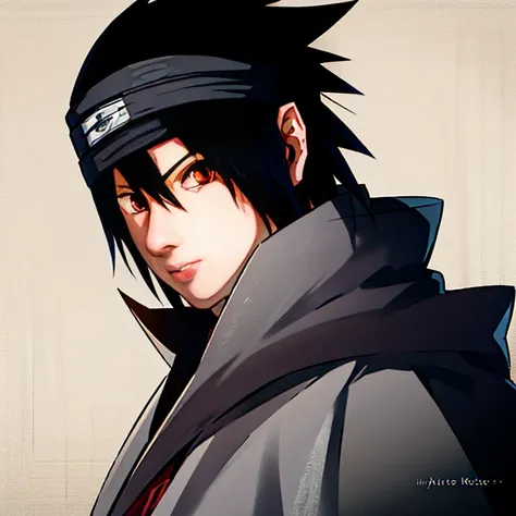 artwork, best quality, ultra-detailed, illustration, sasuke uchiha a man with black hair and black eyes looks at the camera with...