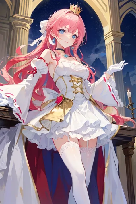 (masterpiece, best quality, ultra detailed, absurdres)1.5, 1girl, (sexy, beautiful woman, perfect face, perfect eyes, perfect female body)1.5, (kuroinu_prim, long hair, pink hair, wavy hair, sidehair, blue eyes, golden crown, white choker, golden collar, R...